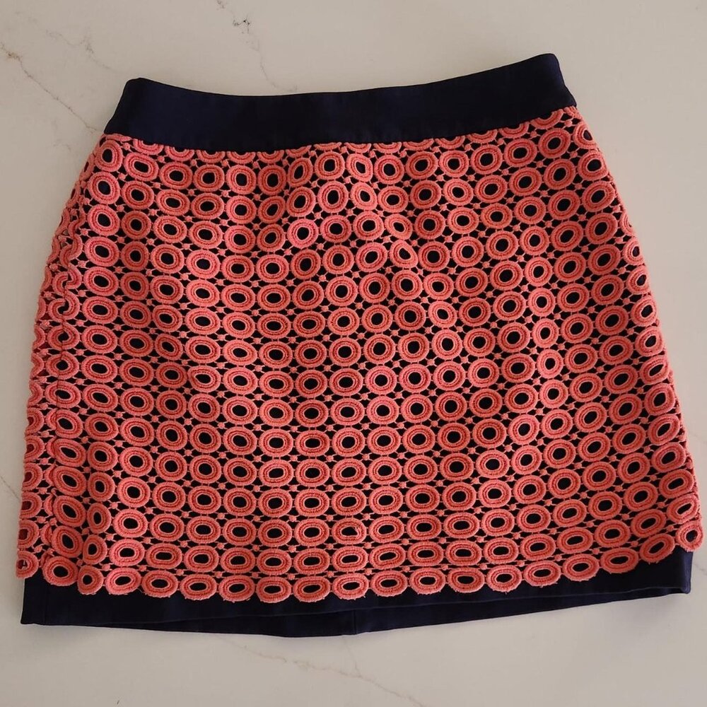 LOFT Sz 4 Petite Eyelet Mini Skirt Pink Navy A-Line Elastic Waist Lined Coastal